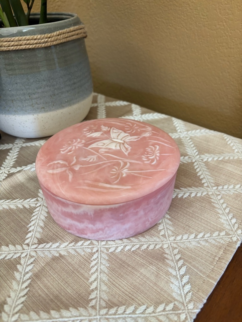 Vintage Pink Butterfly Jewelry Box Trinket Dish w/Lid Incolay Stone Round Flower - Picture 2 of 10